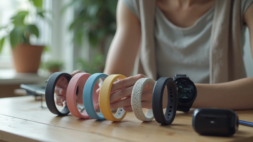 Assorted wearable devices including smartwatch, fitness band, health ring, and monitoring patch displayed on wooden surface