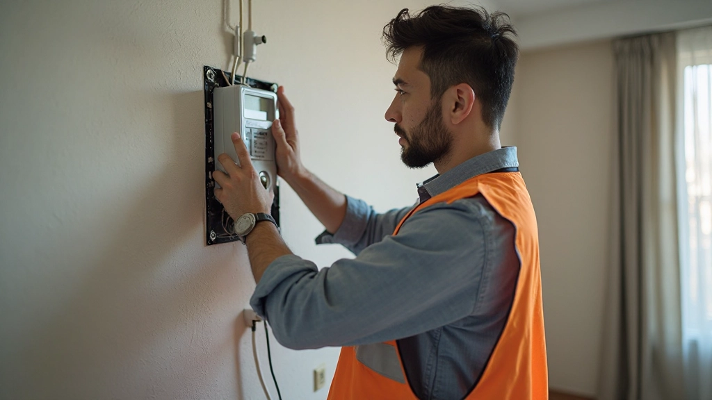 Technician installing smart energy monitoring hardware on residential electrical panel in modern home setup