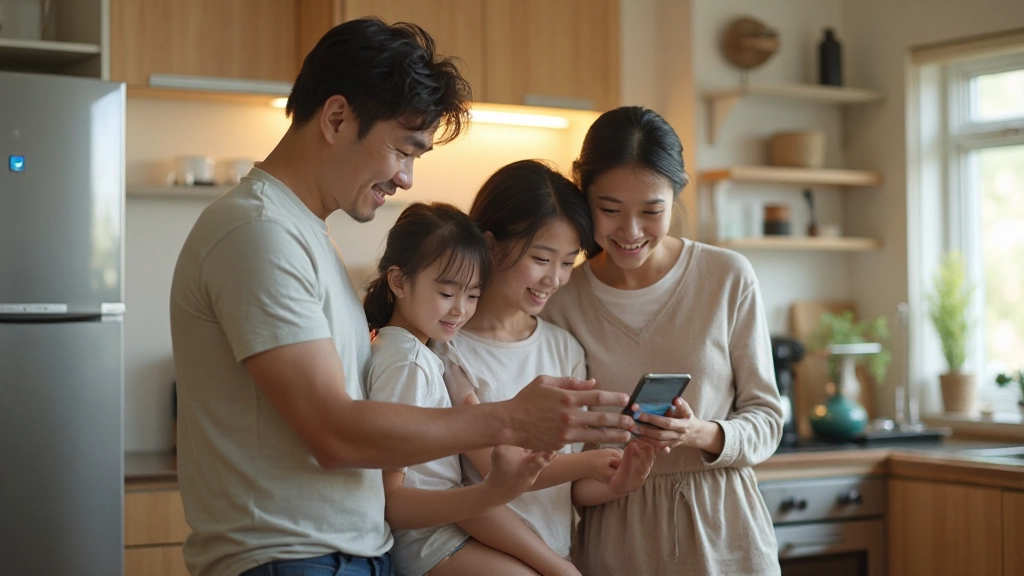 Family using smart kitchen devices and mobile app for coordinated meal preparation