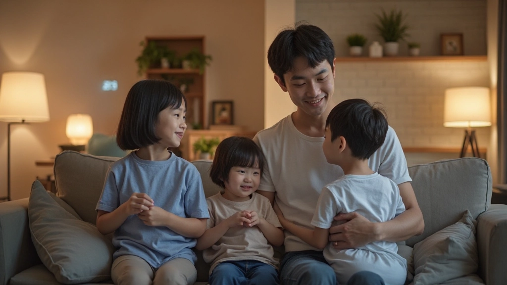 Family enjoying smart home comfort with automated lighting and temperature control in modern living space