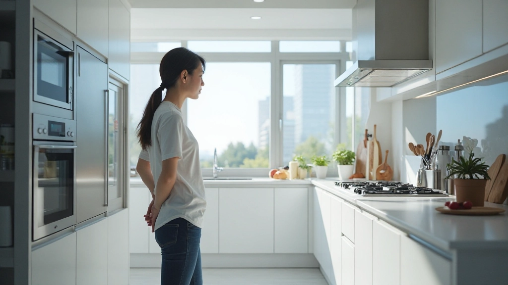Modern smart kitchen interior with integrated appliances and digital displays