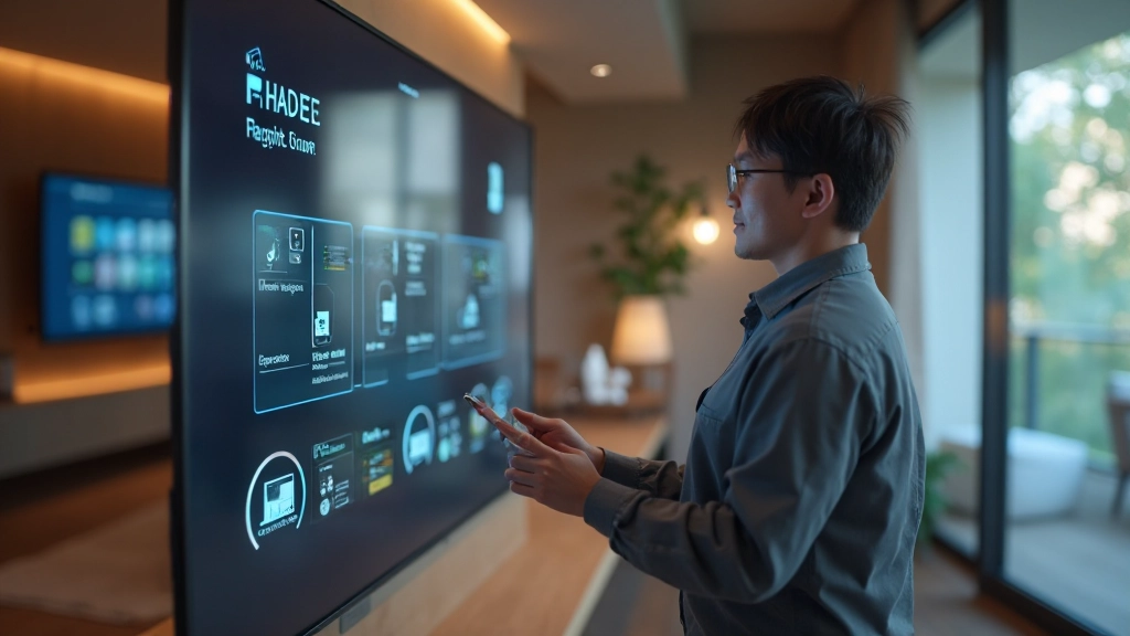 Smart home automation hub displaying connected device network diagram with wireless connectivity indicators