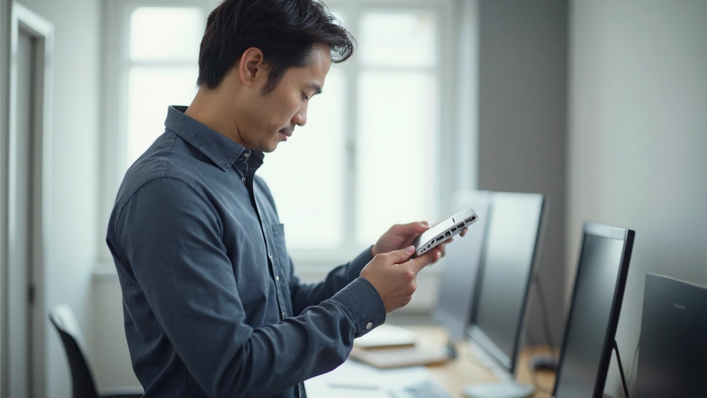 Technician setting up smart home hub and devices with smartphone app for initial configuration and network connection