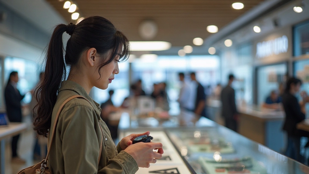 Person selecting from various wearable devices on display, examining smartwatch and fitness band options